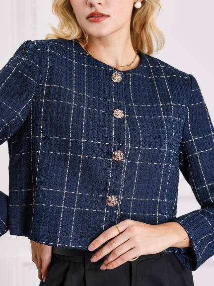 Hobemty - Collarless Button Crop Plaid Blazer