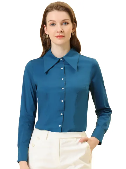 Allegra K - Point Collar Long Sleeve Chiffon Shirt
