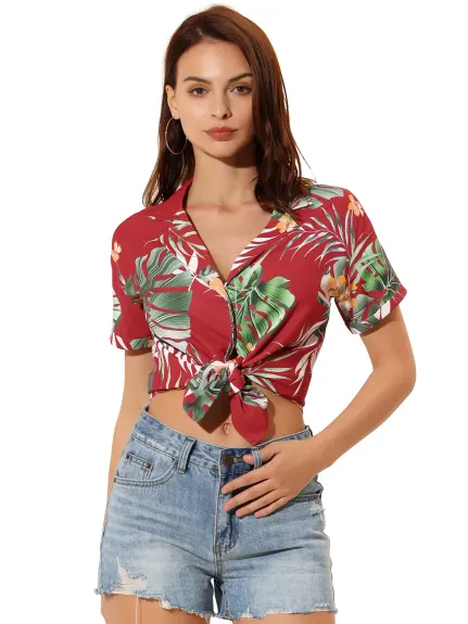 Allegra K- Beach Tropical Floral Leaves Button Down Shirt