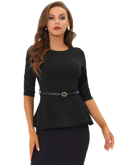 Allegra K- Round Neck 3/4 Sleeve Peplum Top with Belt