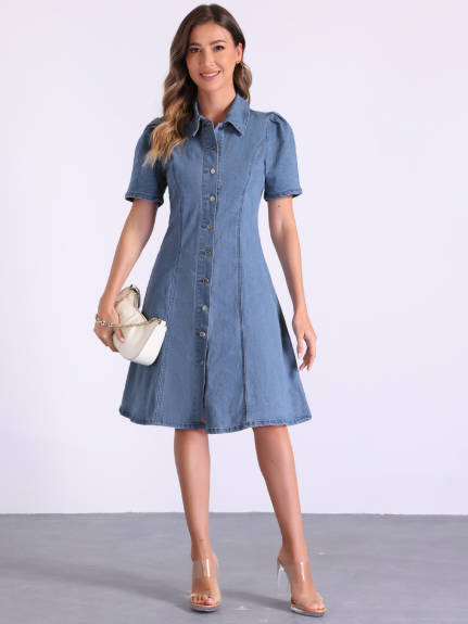 INSPIRE CHIC - Puff Sleeve Button Down Collared Denim Dress