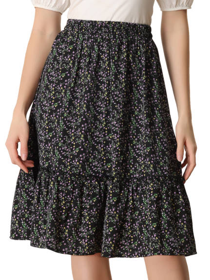 Allegra K- Ruffle Hem Tiered A-Line Floral Midi Skirt