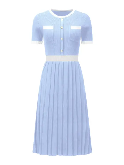 Hobemty- pull plissé côtelé couleur contraste robe élégante