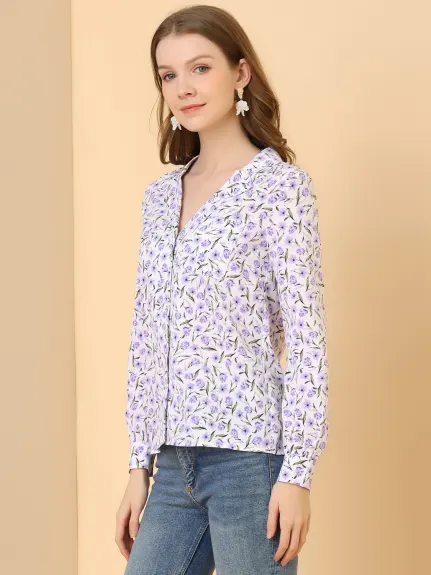 Allegra K- Long Sleeve Printed Button Down Top