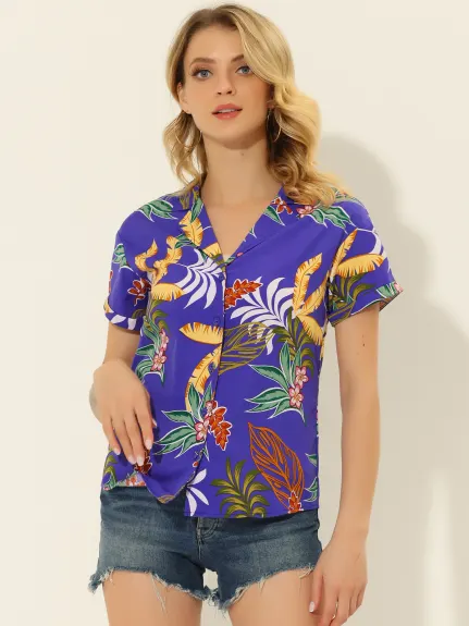 Allegra K- Beach Tropical Floral Leaves Button Down Shirt