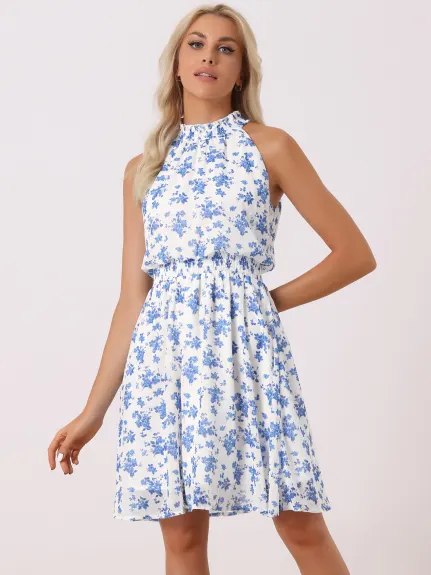 Allegra K - Halter Neck Sleeveless Smocked Floral Dress