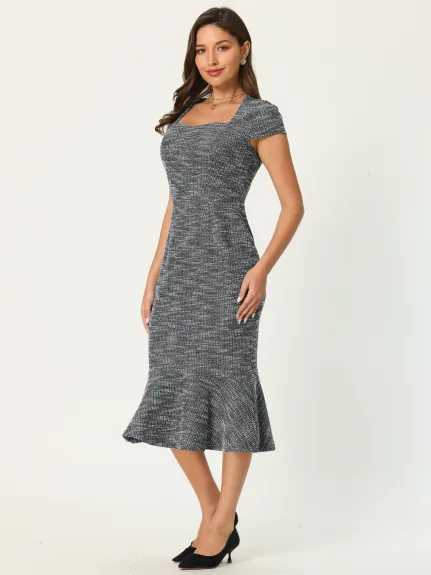 Hobemty- Tweed Square Neck Cap Sleeve Fishtail Dress