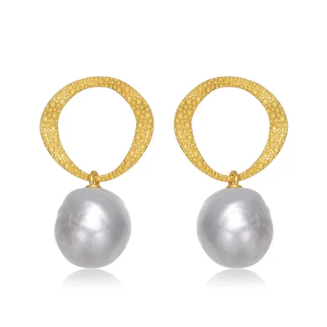 Genevive Sterling Silver 14k Yellow Gold Plated with Genuine Freshwater Button Pearl Drop Earrings