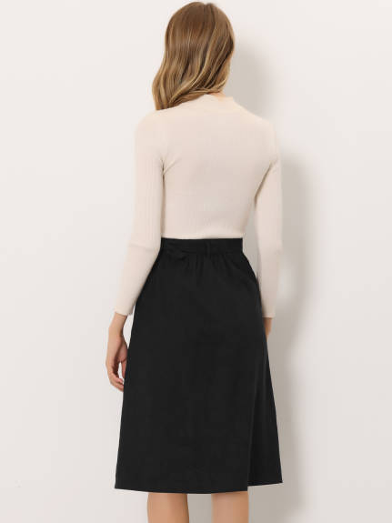 Allegra K - Button Front A-Line Belted Corduroy Skirt