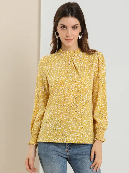 Allegra K- Ruffled Mock Neck Smocked Printed Blouse