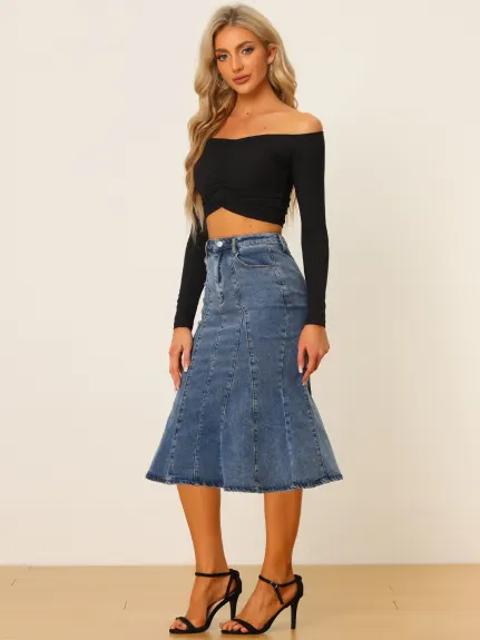 Allegra K- Fishtail Hem Bodycon Denim Midi Skirt