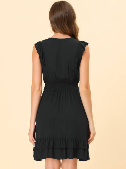 Allegra K- Sleeveless V Neck Lace Trim Ruffled Dress