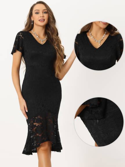 Allegra K- Floral Lace V Neck Ruffle Dress