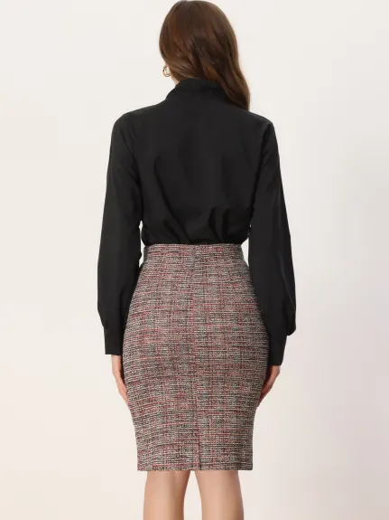 Allegra K - Tweed Plaid Slit Pencil Skirt