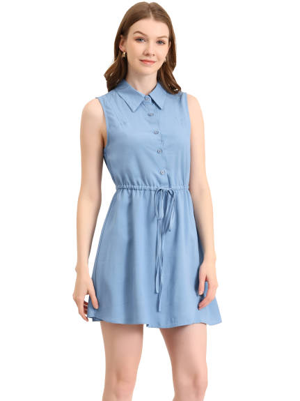 Allegra K- Sleeveless Pleated Drawstring Waist Shirt Dress