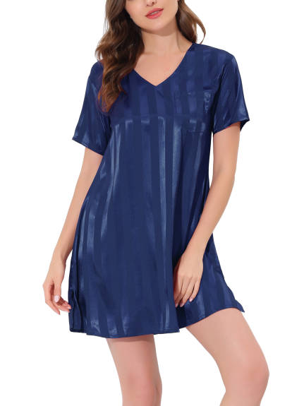 cheibear - Summer Striped Silky Satin Lounge Dress Nightshirt