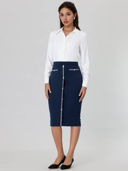 Hobemty- High Waist Tweed Trim Midi Pencil Skirt