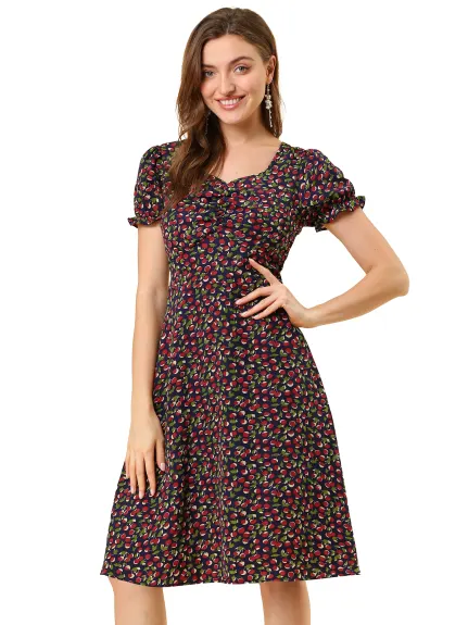 Allegra K- Floral Sweetheart Cherry Print Flare Dress