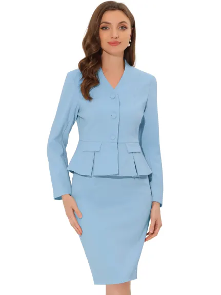 Allegra K - Collarless Peplum Blazer Skirt Business Suit