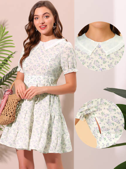 Allegra K- Flare Floral Tiered Hem Peter Pan Collar Dress