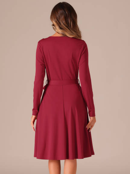 Allegra K - Long Sleeve Tie Waist Pleated Business Dress