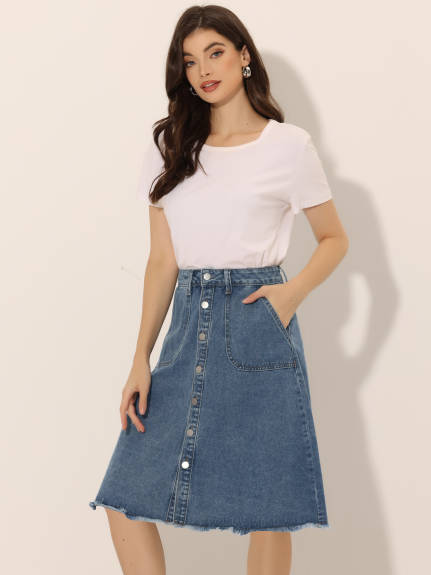 Allegra K- Raw Hem Button Down Denim Skirt