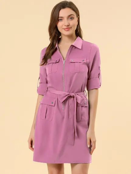 Allegra K- Roll-Up Sleeve Multi-Pocket Belted Shirt Dress