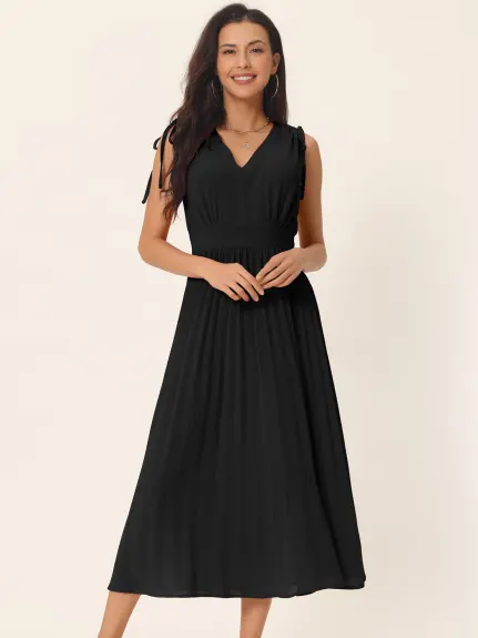 Allegra K - Sleeveless High Waist V Neck Pleated Dress