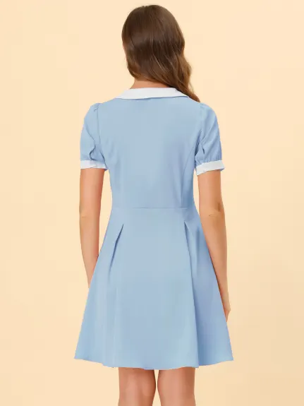 Allegra K- Contrast Collar Button Front Tie Neck Dress