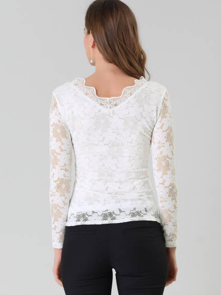 Allegra K- Floral Embroidery Sheer Long Sleeve Lace Blouse