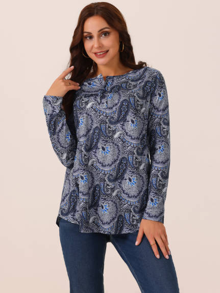 Allegra K - Floral Print Henley V Neck Tunic Top