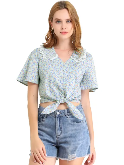 Allegra K - Peter Pan Collar Tie Knot Floral Cropped Top