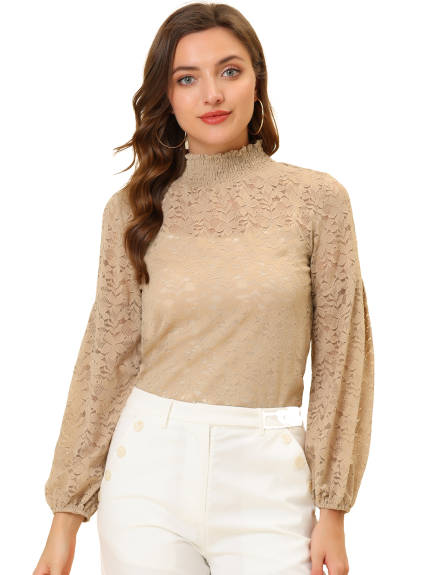 Allegra K- Ruffle Mock Neck Floral Lace Sheer Blouse