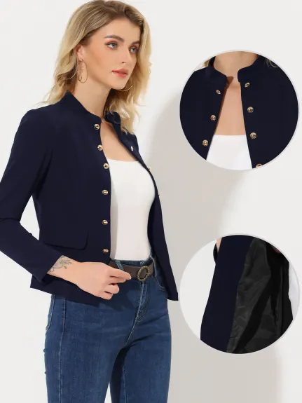 Allegra K- Stand Collar Open Front Button Decor Blazer Jacket