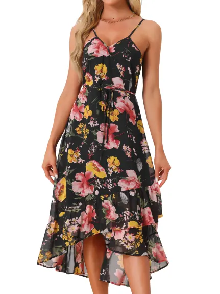 Allegra K - Sleeveless V Neck Ruffle Hem Floral Dress