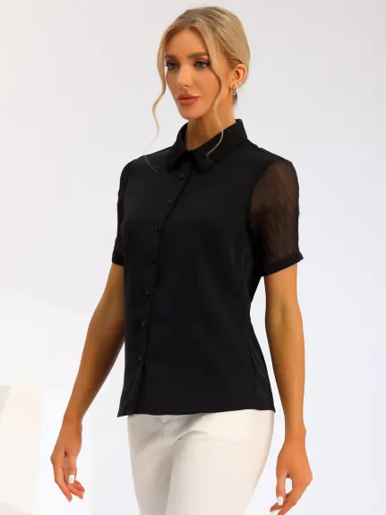 Allegra K- Button Down Sheer Point Collar Top