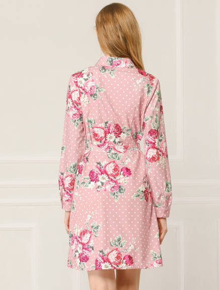 Allegra K- Lapel Button Down Belted Floral Shirt Dress