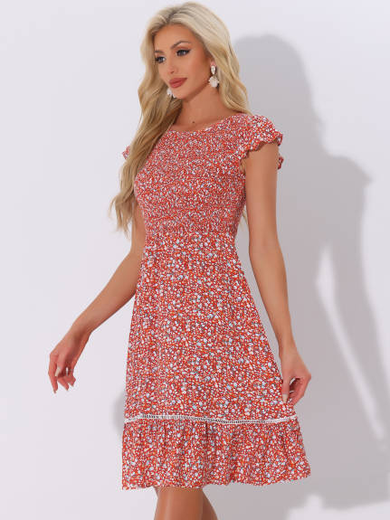 Allegra K - Fit and Flare Floral Midi Smocked Dress