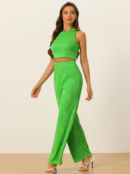 Allegra K - Sleeveless Crop Top Wide Leg Pants Outfits