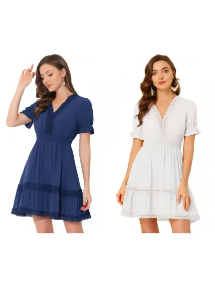 Allegra K- Mini robe bohème à col en V et taille élastique smockée à manches courtes