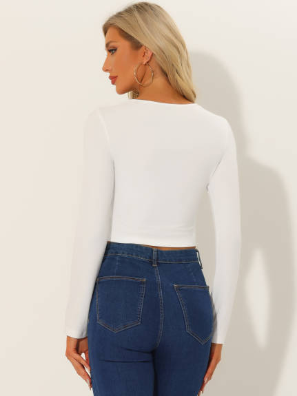 Allegra K - Long Sleeve Cut Out Slim Crop Top