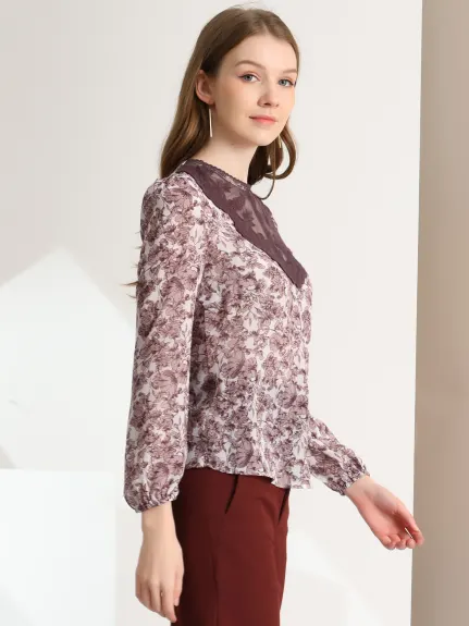 Allegra K - Sheer Lace Panel Long Sleeve Floral Blouse