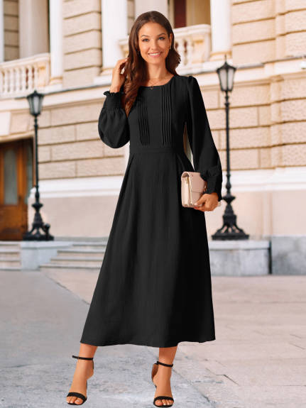 Allegra K - Pleated Front Flowy Long Sleeve Dress