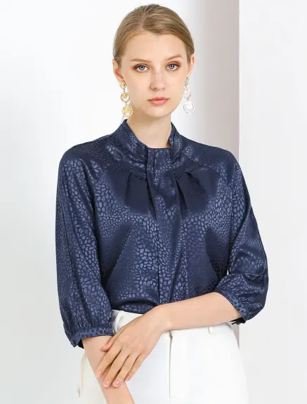 Allegra K- Satin 3/4 Sleeve Pleated High Collar Blouse