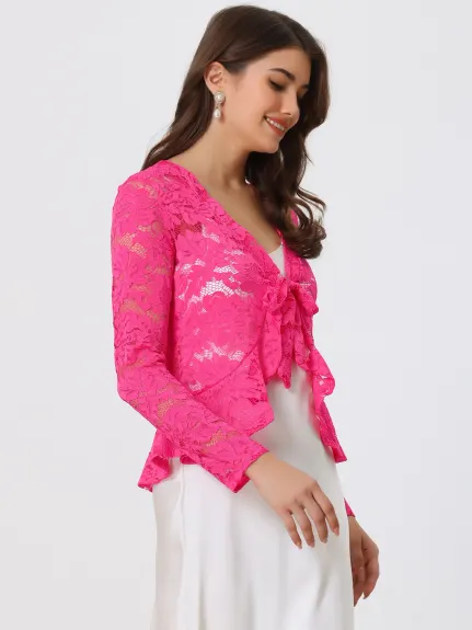 Allegra K - Tie Front Ruffle Lace Sheer Cropped Cardigan