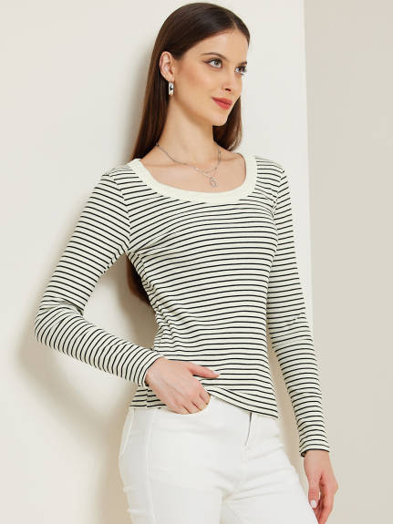 Allegra K - Stripe Scoop Neck Long Sleeve Casual Top