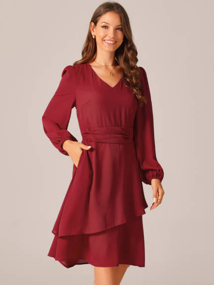 Allegra K - Long Sleeve Layered Swing Midi Dress