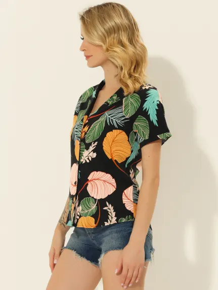 Allegra K- Beach Tropical Floral Leaves Button Down Shirt