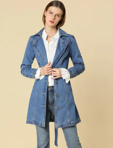 Allegra K - Veste longue en jean avec ceinture et bouton à revers cranté