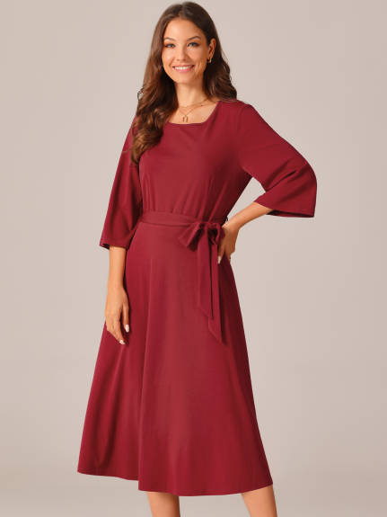 Allegra K - Elegant Crewneck Tie Waist Midi Dress